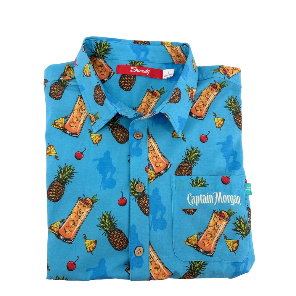 Shinesty Captain Morgan Button Up Shirt Large Polyester Blue Tropical Tiki Core